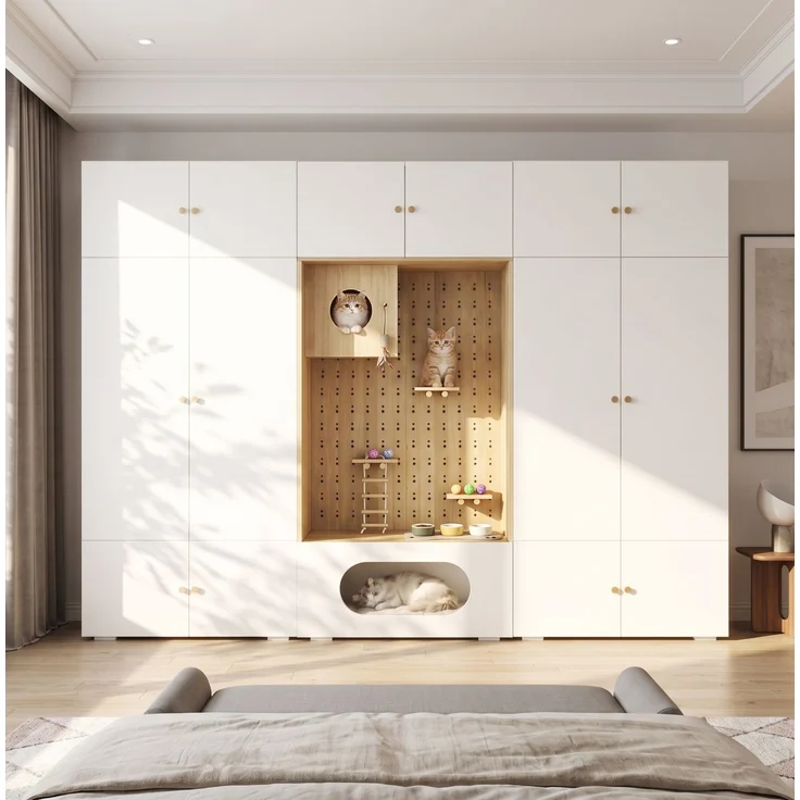 CHICFURN Kleiderschrank 270x200x50 cm aus Spanplatte mit Kleiderstange und Katzenkletterwand – Weiß/Holzoptik – Bild 2