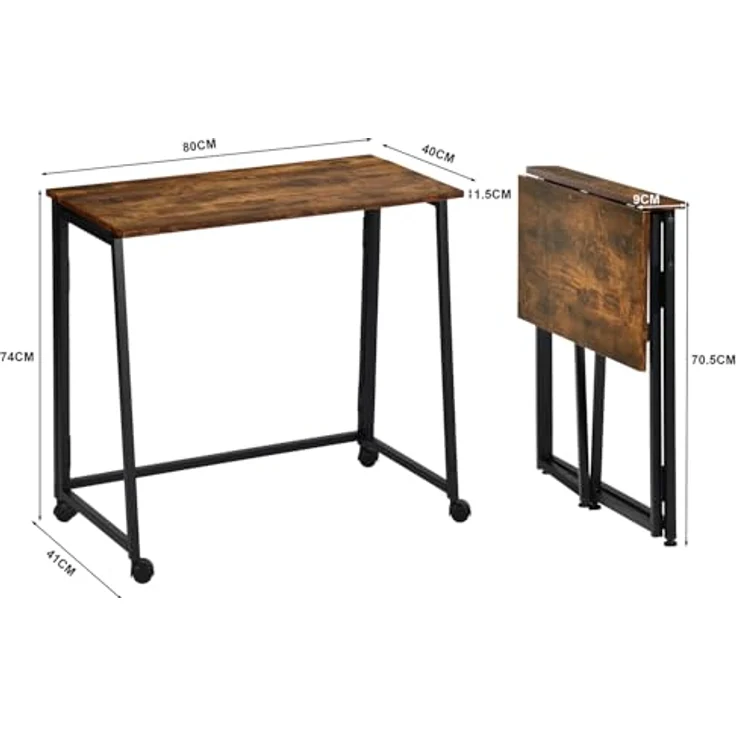 MEUBLE COSY Klapptisch mit Rollen Kleiner Klappbarer Schreibtisch Laptoptisch aus Holz und Metall Computertisch fürs Büro, Wohnzimmer, Home Office, Industrial Style, Braun – Bild 4