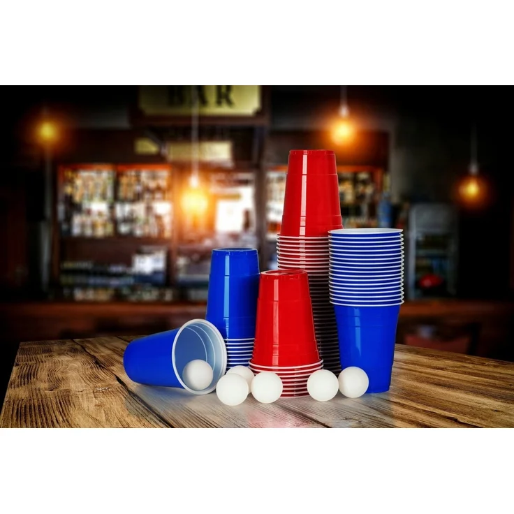Stagecaptain Beer Pong Becher und Bälle, 90 Becher und 6 Spielbälle, Kunststoff rot / blau, 473 ml – Bild 3