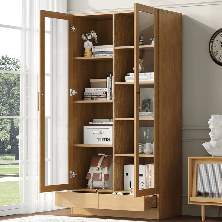 Glasvitrine (Büroschrank/Bücherregal/Aktenschrank/Aufbewahrungsregal) – Versetzte, nicht verstellbare Fachböden, grifflose Push-To-Open-Schubladen, 80*40*160 cm, Holzfarbe--Naturholz--80x40x160cm--YOUDENOVA – Bild 4