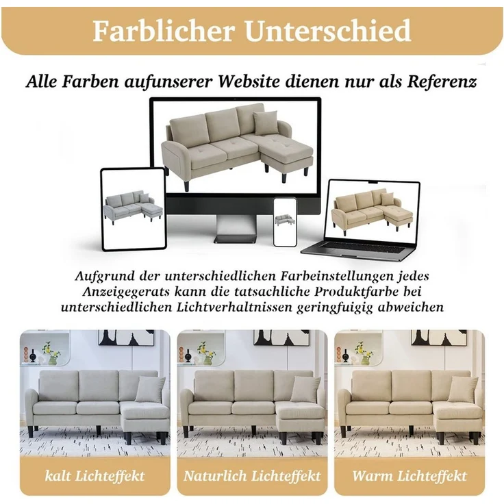 Merax Ecksofa L-förmiges Sofa mit Bettfunktion, Modulares Sofa aus Cordstoff, 1 Teile, 3-Sitzer Sofa mit Chaiselongue, Kissen & Kunststoffbeine, 166x118x77cm – Bild 3