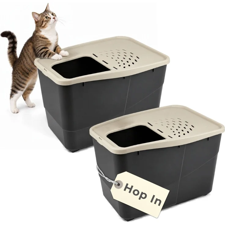2er Set Hop In Katzenklo XXL große Katzen Klo Oben Einstieg Katzentoilette geschlossen Katzenklo mit Deckel Katzen WC hoher Rand Katzentoilette Top Eingang Katzentonne – Bild 1