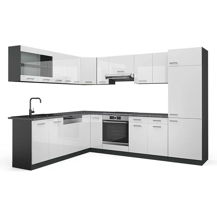 Eckküche R-Line Weiß Hochglanz/Anthrazit 287 x 227 cm ohne Arbeitsplatte Vicco – Bild 1