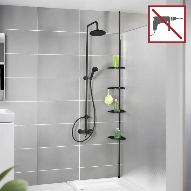 WENKO Duschregal Compact, Eckregal mit 4 Ablagen und 8 Haken, Montage ohne Bohren, Aluminium – Bild 2