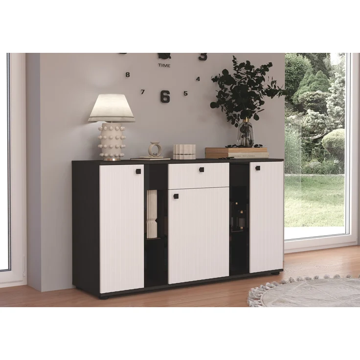 Kommode Salsa 2 Lamellenoptik Anbauwand Wohnwand Sideboard MDF Weiss matt + Grau – Bild 6