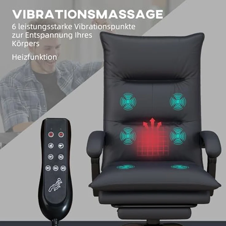 Vinsetto Massage-Bürostuhl mit Heizfunktion und Fußstütze, ergonomischer Gaming Stuhl mit 6 Vibrationsmassagepunkten und 5 Massagemodi, schwarz – Bild 4