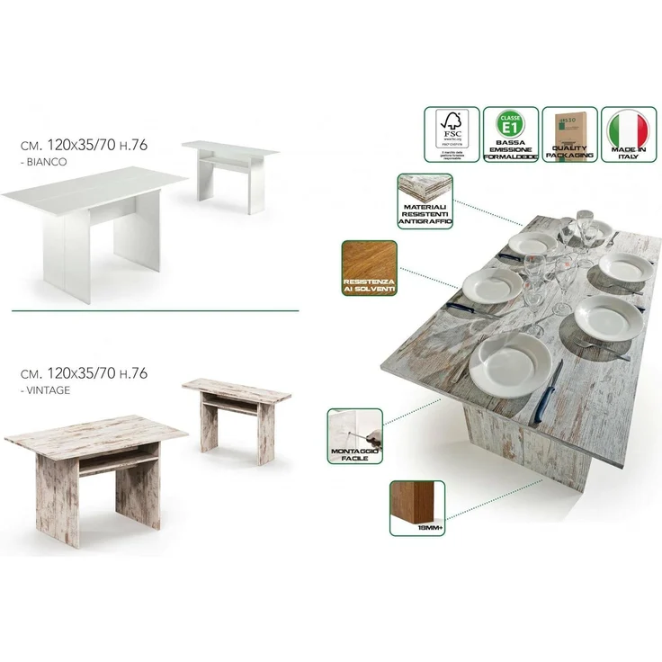 Dmora - Ausziehbare Konsole Lavanda, Esstisch mit Klappöffnung, ausziehbare Mehrzweckkonsole, 100 % Made in Italy, 120 x 70 x 75 cm, Weiß, – Bild 8