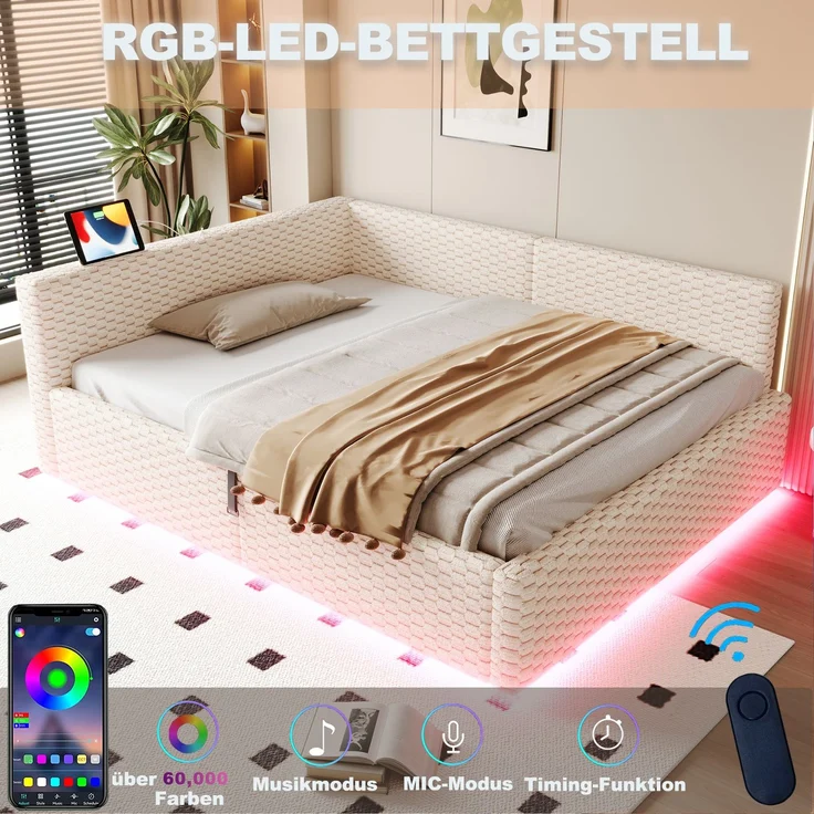 Merax Polsterbett 140 x 200 cm, Doppelbett, Jugendbett mit LED-Beleuchtung, Tape-C und zwei USB-Anschlüssen, L-förmiger weicher Rückenlehne, Samtstoff, Hydraulischem Bettgestell, Beige – Bild 6