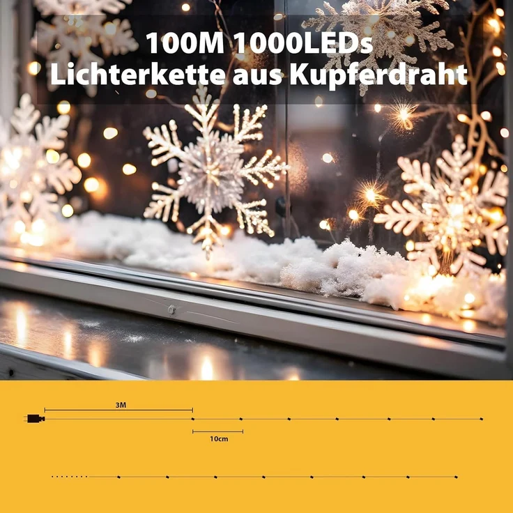 Salcar Lichterkette LED Kupfer Lichterkette Weihnachtsbeleuchtung für Innen & Außen Deko, 20m 200 LED Silberfarbener-Kupferdraht, Netzteil, Warmweiß – Bild 6
