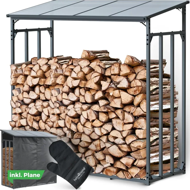 holz4home® Kaminholzregal Holzlager I Brennholzregal I Überdachung als Stapelhilfe für Brennholz, inkl. Plane und Holzhandschuh