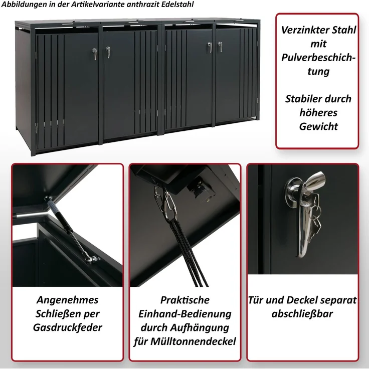 4er-Mülltonnenverkleidung HWC-O67, Mülltonnenbox mit Deckel, Metall 122x264x84cm 104kg ~ anthrazit Holzoptik dunkel – Bild 2