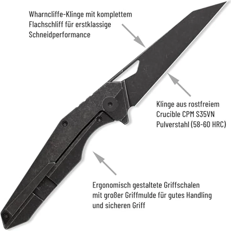 Berserk Blades BROK EDC Klappmesser, Wharncliffe Klinge aus CPM S35VN Stahl, 6AL4V Titan Griff, Blackwash Finish, 21,5 cm Gesamtlänge – Bild 2