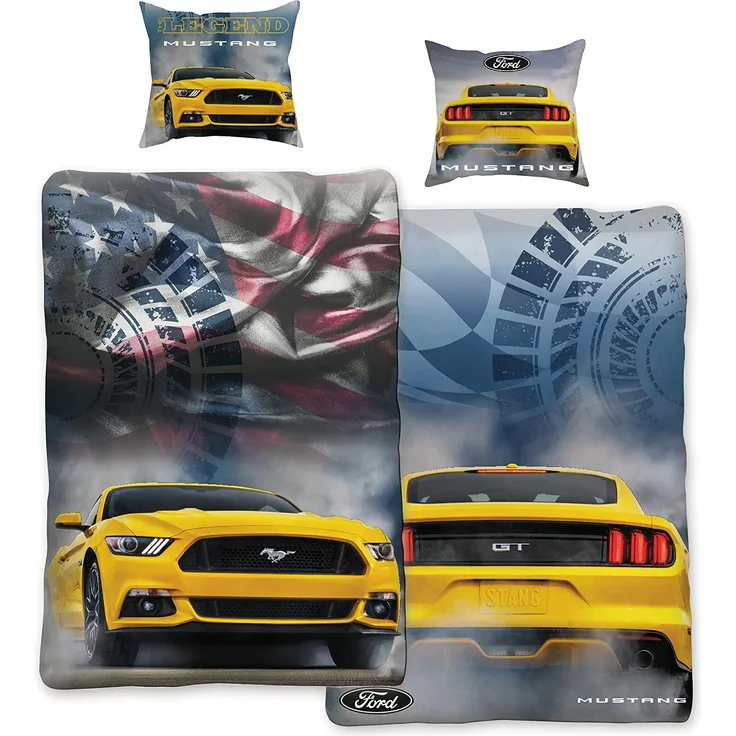 Ford Mustang Bettwäsche Legend Gelb / Blau 135x200 cm + 80x80 cm Stang Pony-US-Muscle-Car 100% Baumwolle in Renforcé-Linon-Qualität Shelby GT 2 Motive Wendebettwäsche Reißverschluss 008