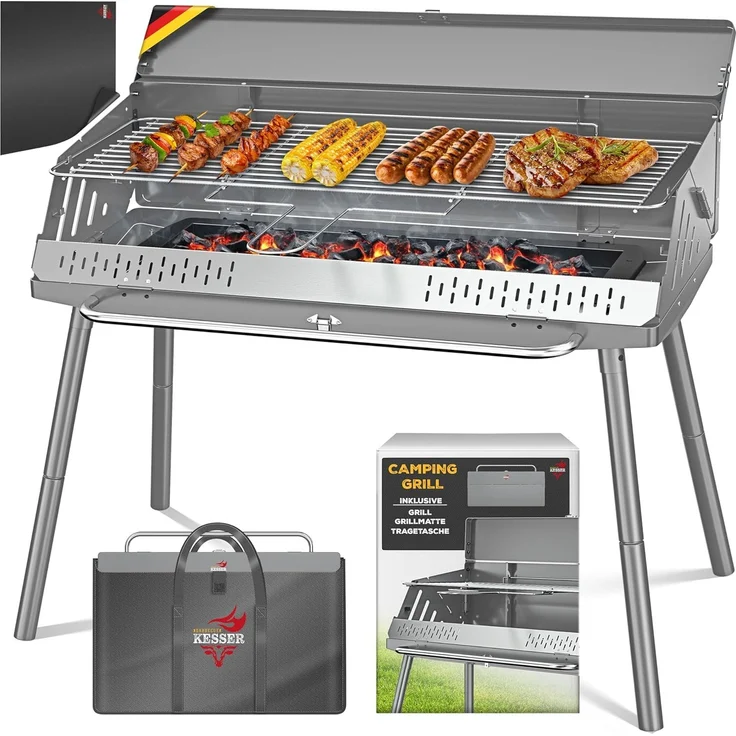 KESSER® Klappgrill tragbarer Camping Grill | Holzkohlegrill aus pulverbeschichtetem Stahl inklusive Grillrost, Grillmatte & Tragetasche | Faltbar BBQ ideal für Camping, Picknick & Angeln Silber, Mit Beine