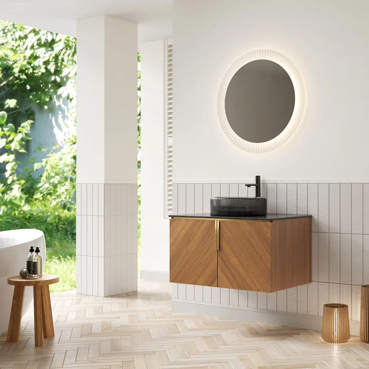 Waschtisch 76 x 50 x 52,6 cm mit Glasbecken, Sintersteinplatte und Soft-Close-Türen – Bild 5