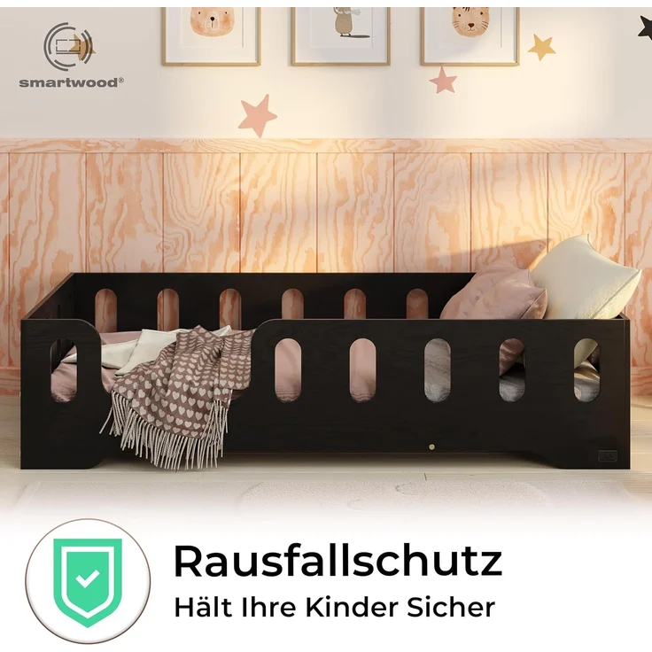 smartwood Kinderbett Bodenbett 120x200 mit Rausfallschutz & Lattenrost - Schwarz - Kinder Montessori Bett TILA 2L mit glatten Kanten - Betten für schnelle Montage - Bis 300 kg belastbar – Bild 5