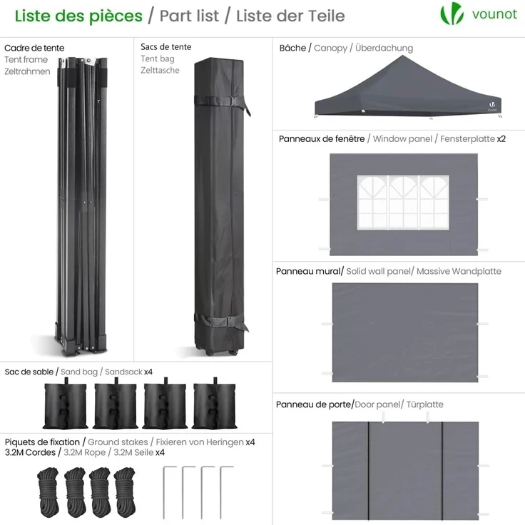 VOUNOT Pavillon 3x3 m Wasserdicht Stabil Winterfest, Pop Up Faltpavillon mit 4 Seitenteilen und 4 Sandsäcke, Party Pavillon Faltbar Gartenzelt Partyzelt, Grau – Bild 2