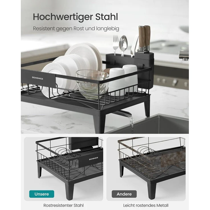 SONGMICS Abtropfgestell Geschirr, Geschirr-Abtropfständer, 360° drehbarer und ausziehbarer Ablauf, Abtropfschale, Besteckhalter, Küche, 31 x 42 x 18,5 cm – Bild 3