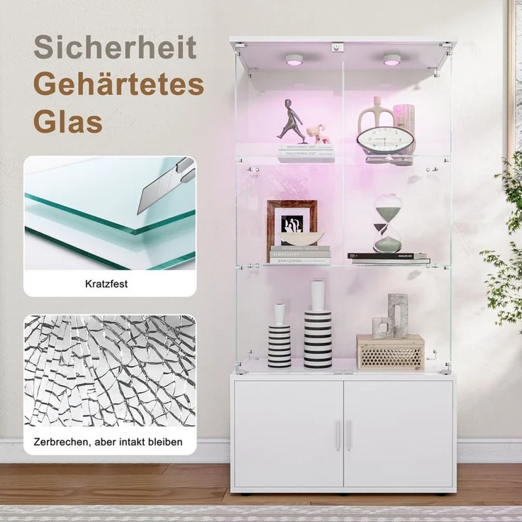 Simurq Glasvitrine Standvitrine aus Glas mit LED, Vitrinenschrank Schrank für Sammlung (Glas Vitrine mit 2 Glastür und 3 Lagen, Glasschrank mit Schloss) Vitrine aus Glas, perfekt für Sammler, Sammelvitrine – Bild 4