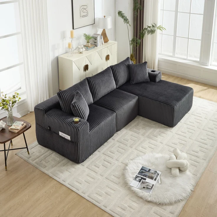 LVHOM Modulares Sofa, Ecksofa mit Schlaffunktion, L-Form Couch mit Chaiselongue, 3-Sitzer Sofa, Polstersofa Cordstoff, 257x160x62 cm – Bild 10