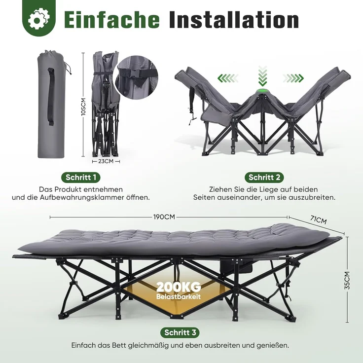 Sekey Feldbett Campingbett Klappbar Campingliege mit Matratze Angelliege Klappbett bis 200 kg – Bild 3