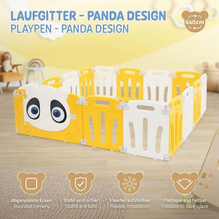 Joyz Laufgitter Laufstall Baby Krabbelgitter faltbar Absperrgitter Zaun Babygitter, Kinderlaufstall 160×160 cm Weiß-Gelb Schutzgitter mit Tür und Lernuhr – Bild 1