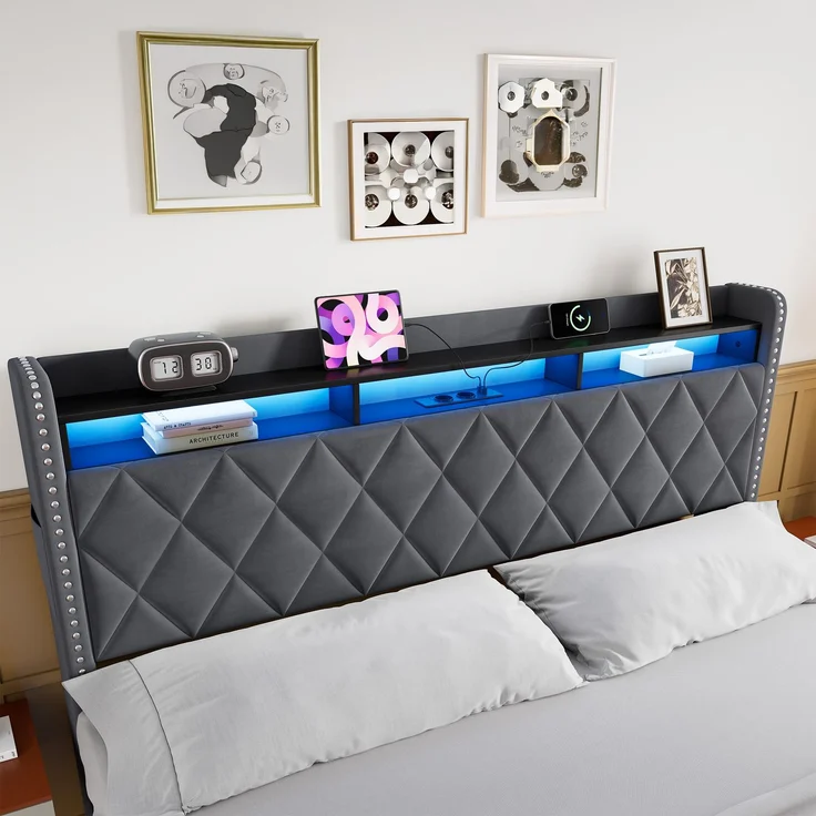 Polsterbett 180x200 cm mit hydraulischem Stauraum, LED und USB-Anschlüssen, Dunkelgrau – Ohne Matratze – Bild 8