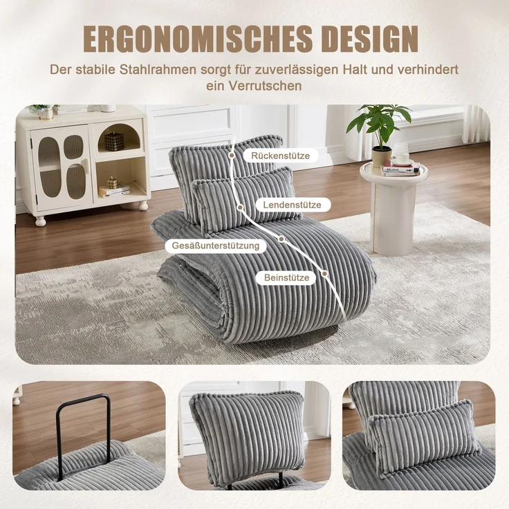LVHOM Schlafsessel mit Bettfunktion, 227 cm Klappsessel Bodensessel mit Stahlrahmen, klappbarer Relaxsessel inkl. 2 Kissen, bis 150 kg belastbar, Cord Grau – Bild 3