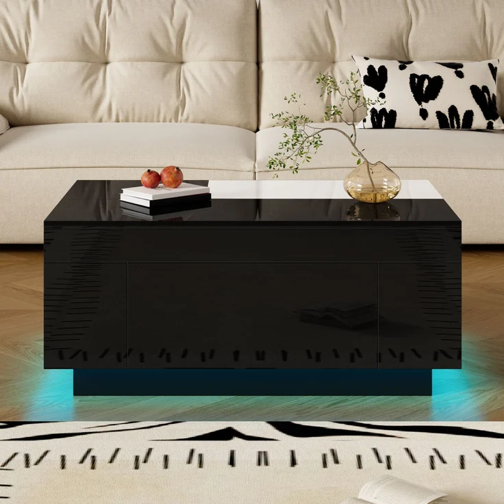 Merax Hochglanz-Couchtisch mit LED-Beleuchtung, ausziehbarer Tischplatte, verstecktem Stauraum und 16-farbig einstellbarem Lichtband, schwarz – Bild 3