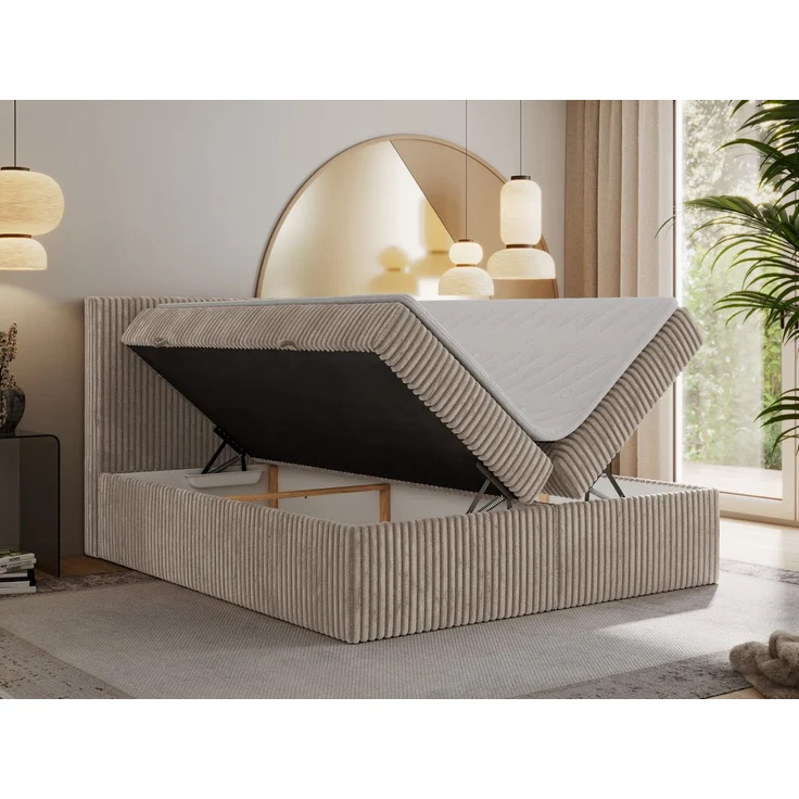 Boxspringbett mit Kopfteil und Topper T25, Cord Bett - TILIANO - 200 x 200 cm - Hellbraun Cord - H3 – Bild 3