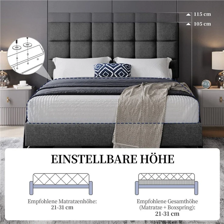 Yaheetech Polsterbett, 160x200 cm, mit höhenverstellbarem Kopfteil und Lattenrost, Dunkelgrau – Bild 7