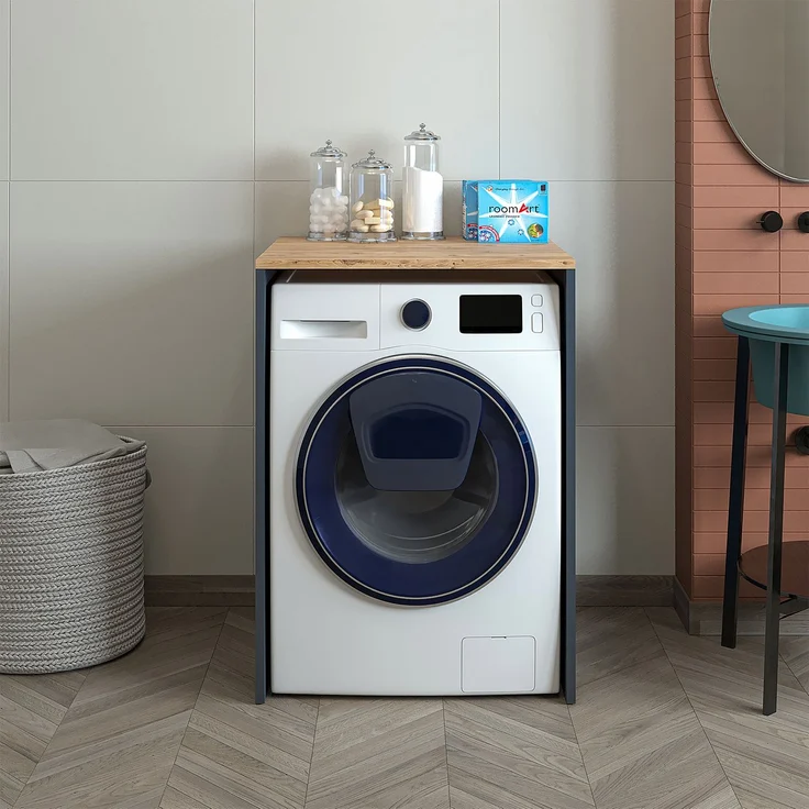 Roomart Badezimmer Waschmaschinenschrank - SERIE ATLANTIC-IV- 65 cm breit, Badezimmerschrank für Waschmaschine – 65 × 90 × 60 cm – Weiß-Eiche oder Anthrazit-Eiche – platzsparend & modern • Anthrazit-Eiche – Bild 2