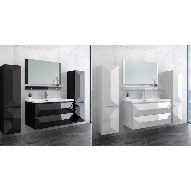 Badmöbel Set Miran 90 cm Schwarz, Keramikbecken & Spiegel 1x Seitenschrank Links, 1x Waschbeckenunterschrank, 1x Spiegelablage, 1x Spiegel