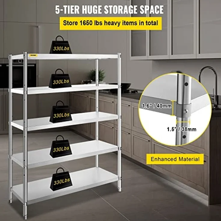 VEVOR Edelstahl-Regal, 122x47 cm, 5 Etagen, verstellbares Regal, Aufbewahrungseinheit, Edelstahl, Schwerlastregal für Küche, Gewerbe, Büro, Garage, Lagerung, 150 kg pro Regal – Bild 4