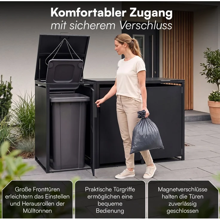 STEELSØN 'Thoria' Mülltonnenbox 3er je 240 Liter, graphitschwarz, Mülltonnenverkleidung aus Stahl, wetterfest, 116x80x203 cm, Müllbox für 3 Tonnen – Bild 5
