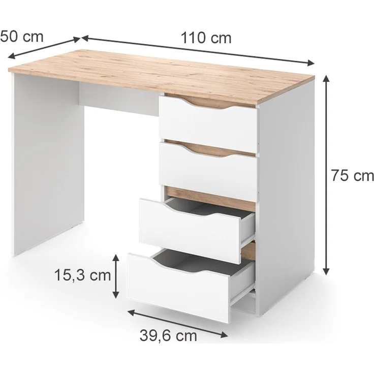 Schreibtisch Ruben Weiß/Artisan-Eiche 110x50 cm mit 4 Schubladen Vicco – Bild 2
