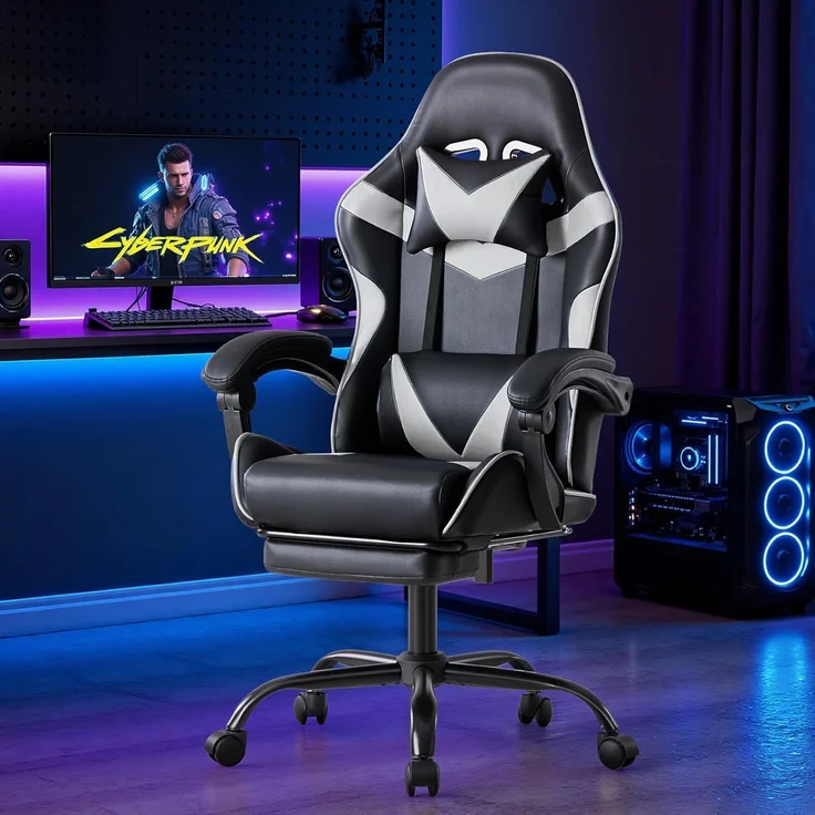 Sweetcrispy Gaming Stuhl, Gaming Chair mit Fußstütze Kopfstütze Lendenwirbelstütze, Ergonomischer PC Stuhl, Höhenverstellbarer Bürostuhl Computerstuhl, Gamer Stuhl, Drehbarer Schreibtischstuhl, Weiß – Bild 2