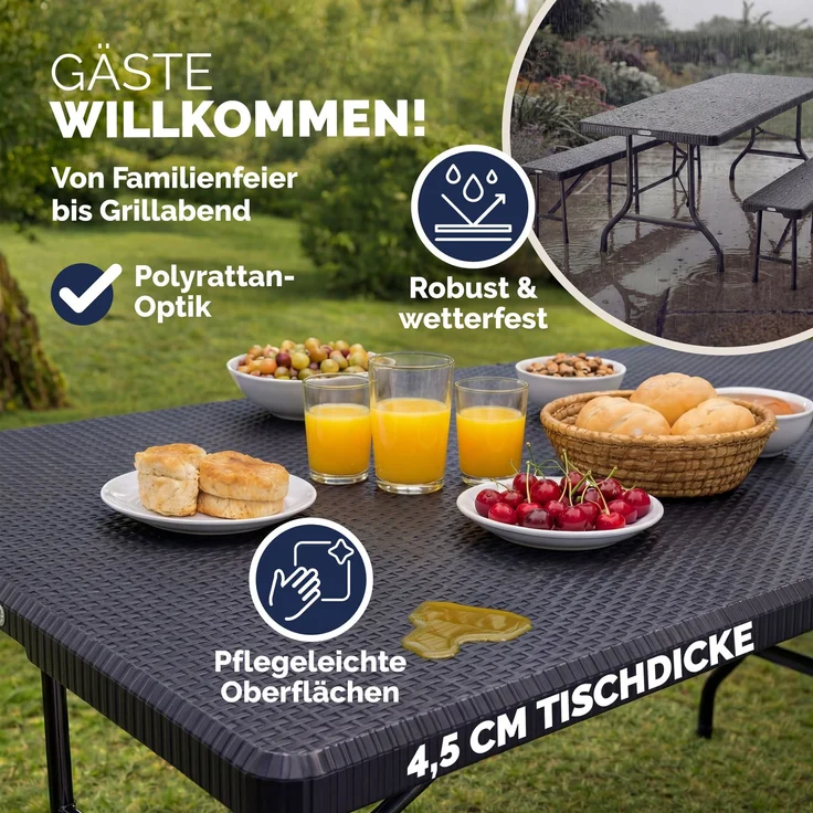 Casaria 'Malmö' Bierzeltgarnitur, 3-teilig, klappbar, Polyrattan schwarz, 180 x 75 x 73 cm – Bild 6
