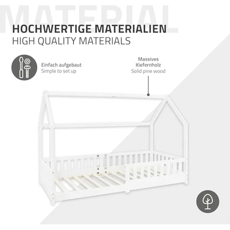 ML-DESIGN Kinderbett Hausbett mit Rausfallschutz, Dach und Lattenrost Massivholz, Bett 90x200 cm Weiß mit Matratze 10cm für Mädchen Jungen Holzbett – Bild 9