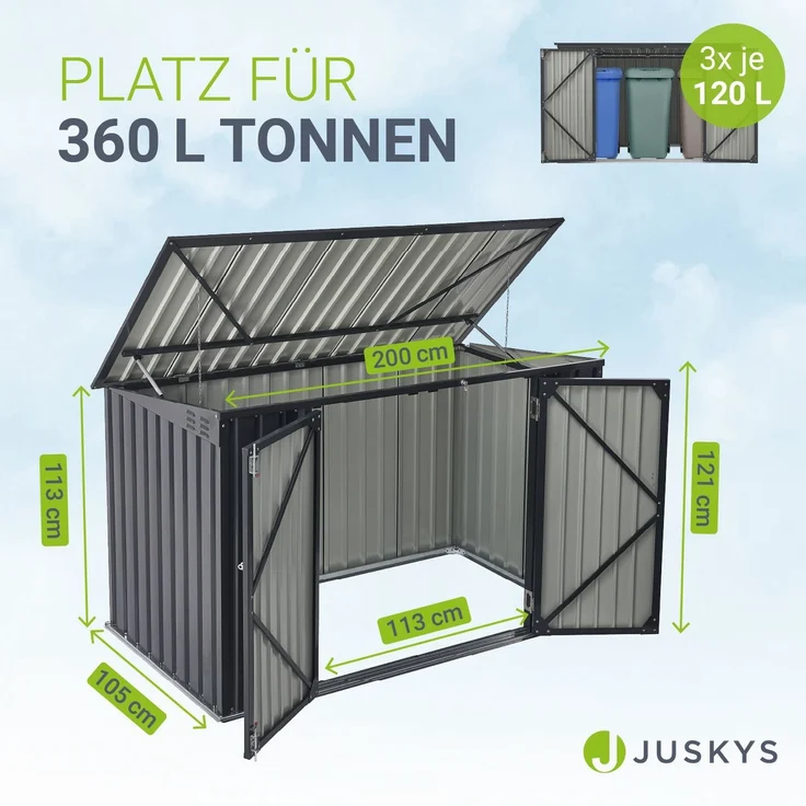 Juskys 3er Mülltonnenbox Namur 3 x 120 Liter Tonnen - 2 m² - 2 große Türen - Metall Mülltonnenverkleidung Müllbox Müllhaus Aufbewahrungsbox – Bild 6