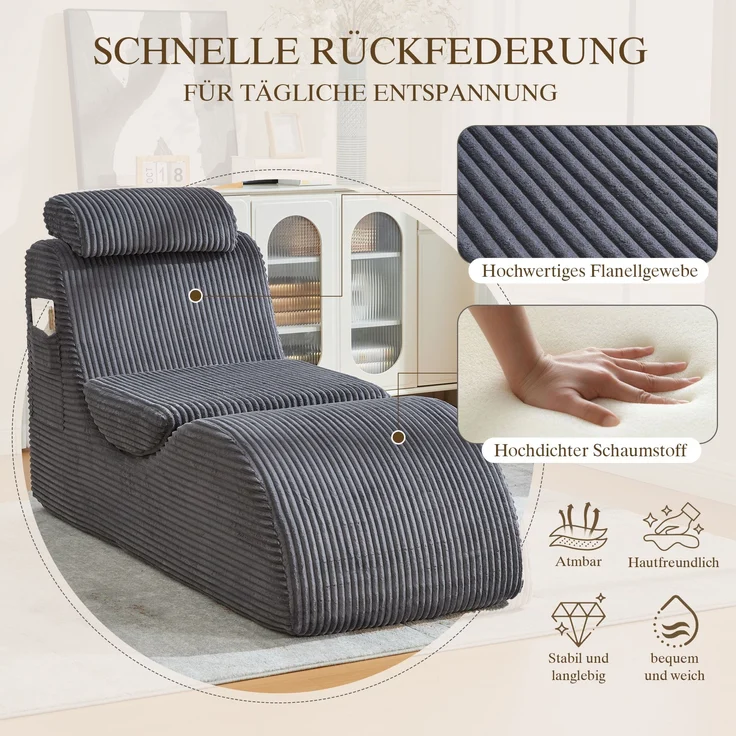 Freizeit-Sessel, Cord mit Seitentasche & ergonomischer Form, 160x66x90 cm, Dunkelgrau – Bild 5