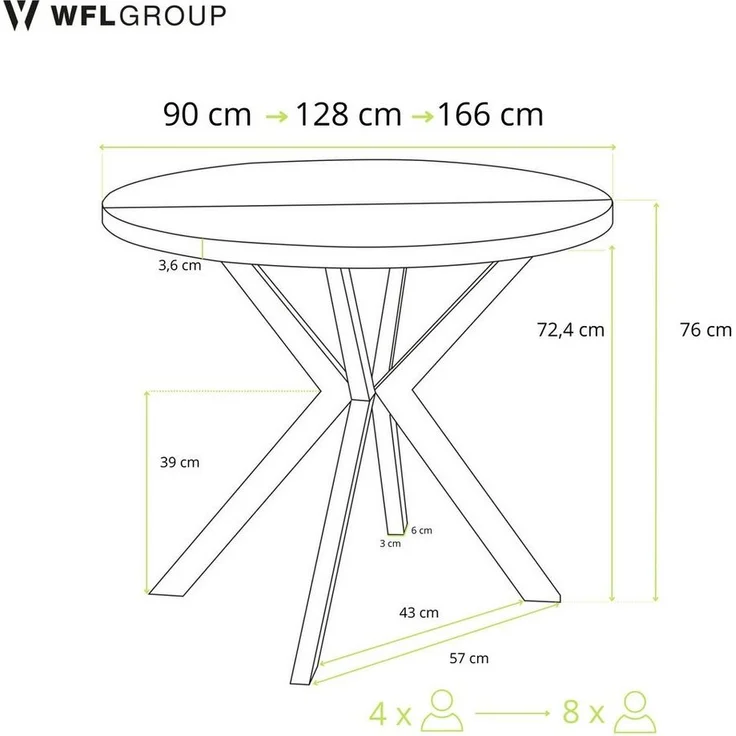 WFL GROUP Esstisch Cloud ausziehbar rund industrial mit weißen Metallbeinen (MADE IN EU, erhältlich in 3 Größen – 90/100/120 cm ausziehbar auf 170/180/200 cm), platzsparender Tisch in Holzoptik für Küche, Esszimmer oder Wohnzimmer – Bild 2