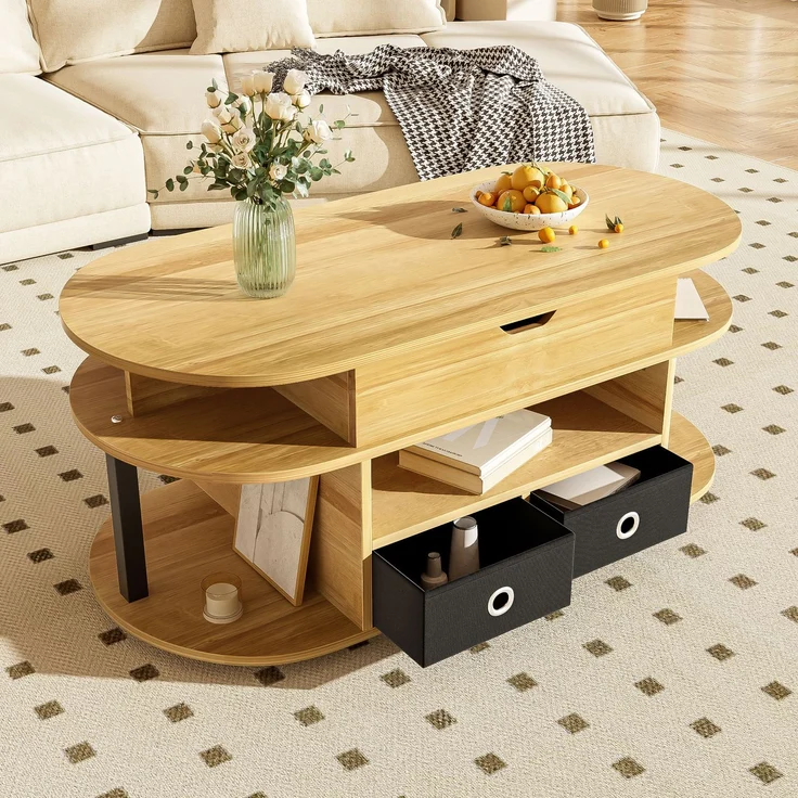 Couchtisch mit Hebefunktion Holzmaserung Schwarz Multifunktion Arbeitstisch & Stauraum – Bild 6