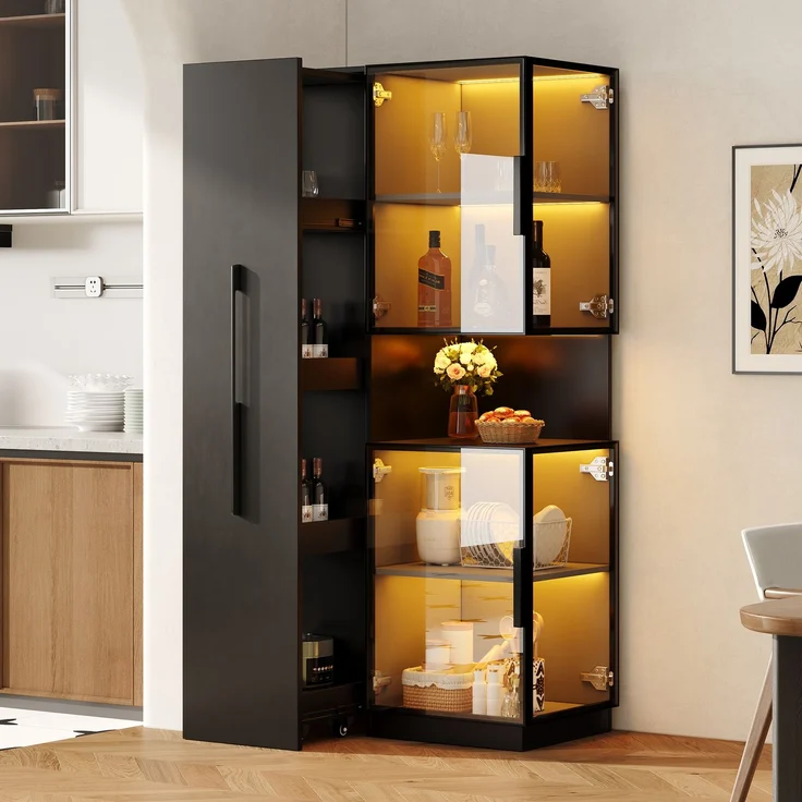 Vitrine 70 x 38 x 160 cm aus MDF und Glas mit ausziehbaren Seitenregalen & LED-Beleuchtung – Bild 3