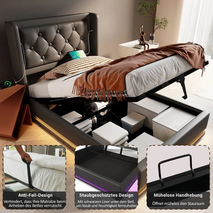Polsterbett 90x200 cm Schwarz mit 3-seitiger LED-Beleuchtung, Wingback Kopfteil & USB Typ-C Ladefunktion,hydraulischer Stauraum – Bild 7