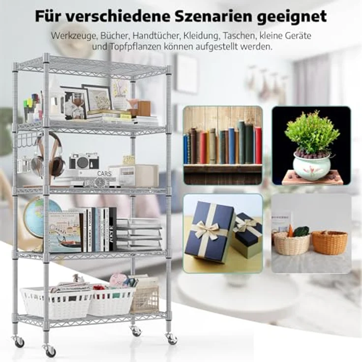 Regal mit 5 Regalböden und Rädern, Robustes Metalldrahtregal mit Haken, höhenverstellbar, für Badezimmer, Küche, Garage (76 x 35 x 158 cm), Silber – Bild 8