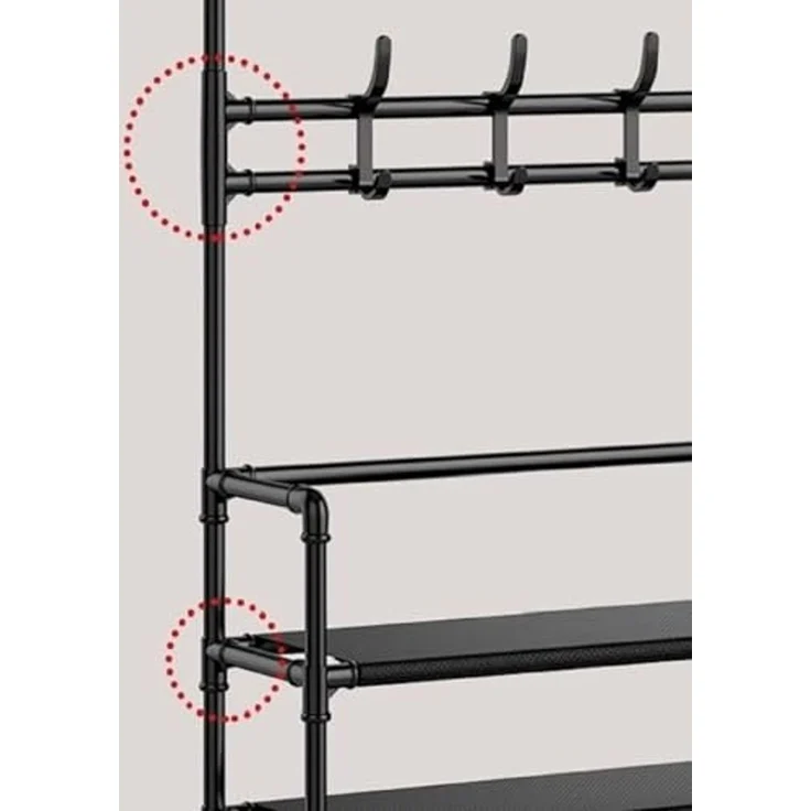 QLS Garderobenständer, mit Schuhregal 8 Haken 4 Ebenen Freistehend Stahl Schwarz – Bild 5