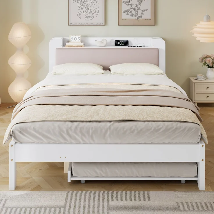 TavilaEcon Einzelbett Holzbett, Funktionsbett mit LED-Lichtleiste und gepolstertem Kopfteil weiß Liegefläche 120 × 200 cm – Modell N622D765960W – Bild 6