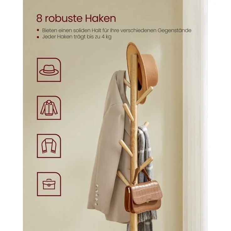 Vasagle Garderobenständer, Kleiderständer, mit 8 Haken und Ablagefläche, 170,5 cm hoch für Mäntel, Hüte, Taschen, Eingangsbereich, Flur, Schlafzimmer, naturbeige RCR033N01 – Bild 5