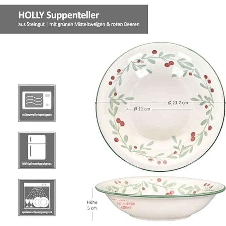 MamboCat Suppenteller 6 Suppenteller Holly tiefe Teller Pasta Salat Weihnachten Mistelzweige, Weihnachtsgeschirr, Winter, Weihnachtsset, Geschirr – Bild 6